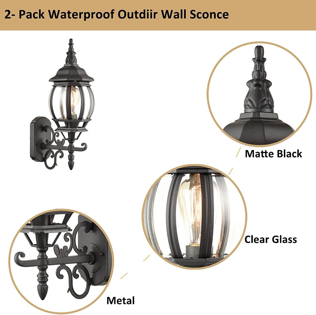 Black Outdoor Wall Lantern 2 Pack