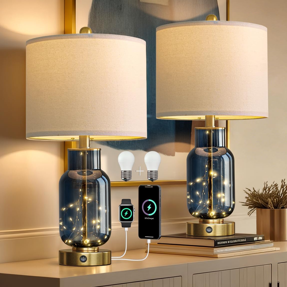 Oneach Blue Glass Table Lamps Set