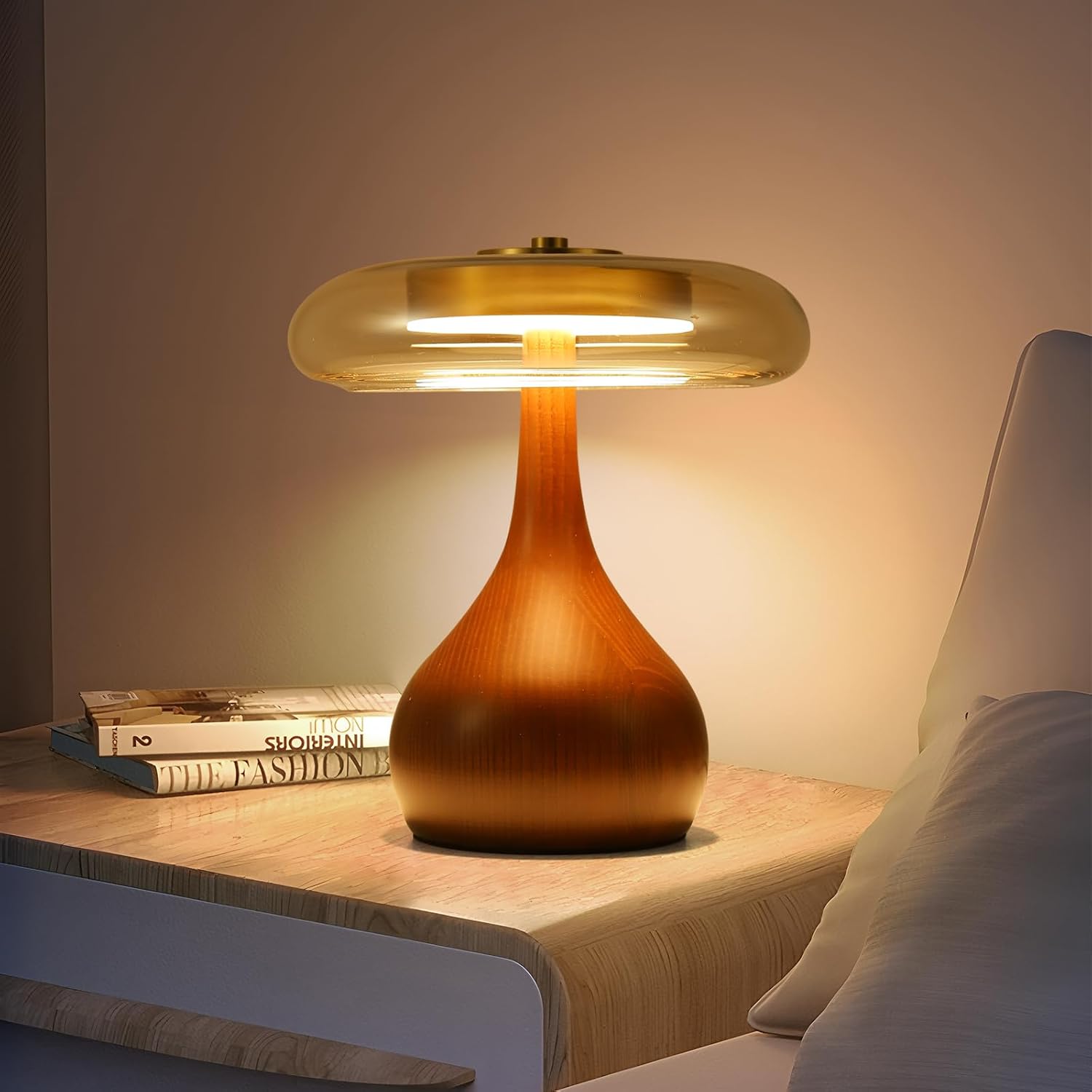 Wooden Base Mushroom Glass Table Lamp