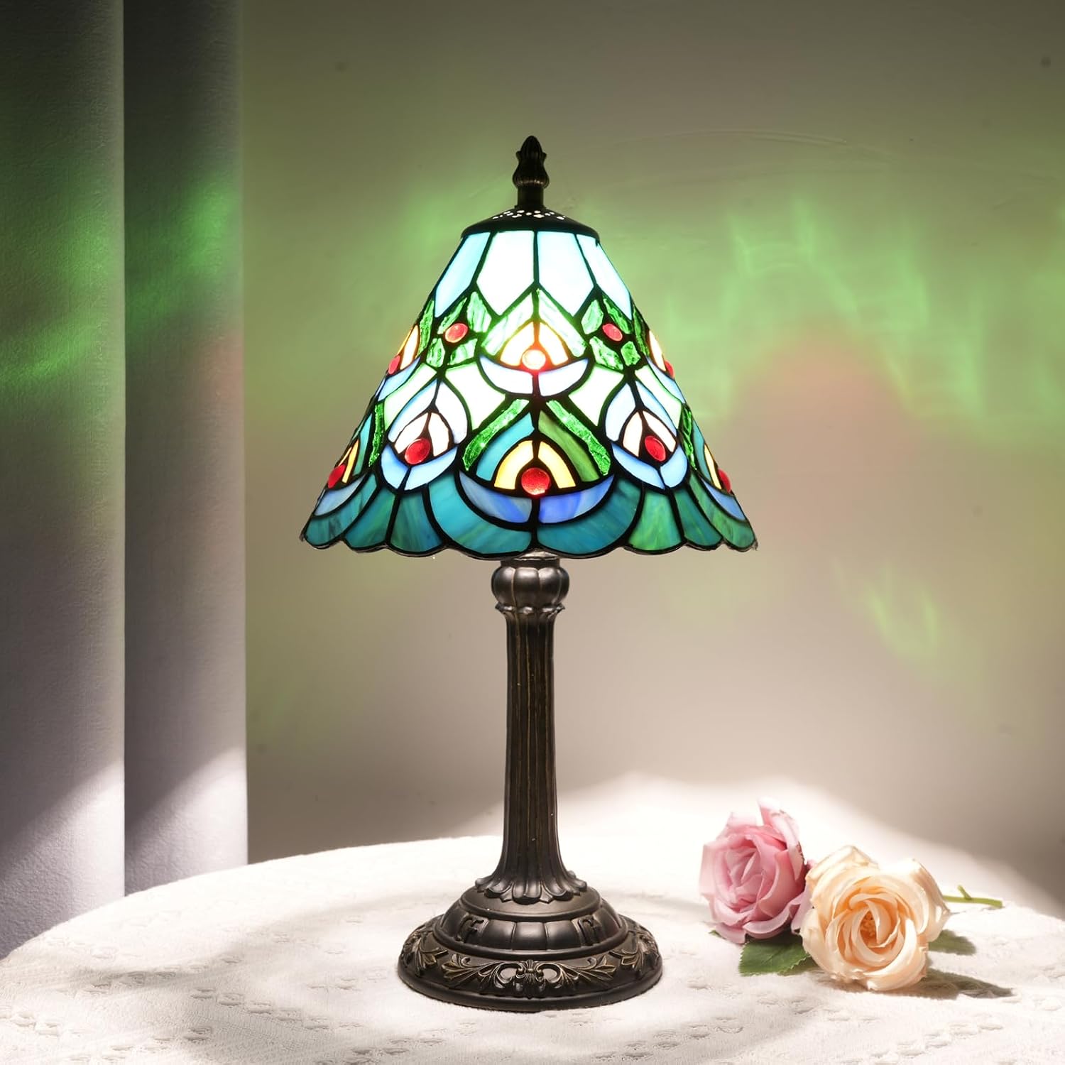 Green Peacock Tiffany Style Table Lamp