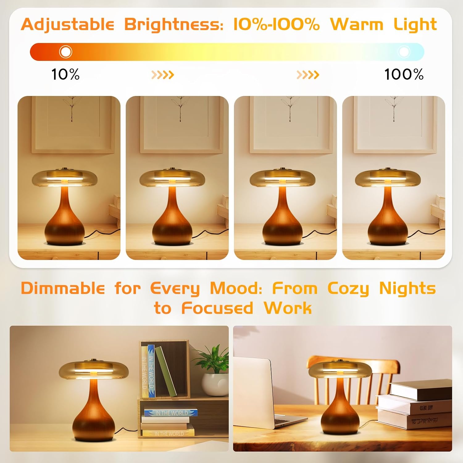 Wooden Base Mushroom Glass Table Lamp