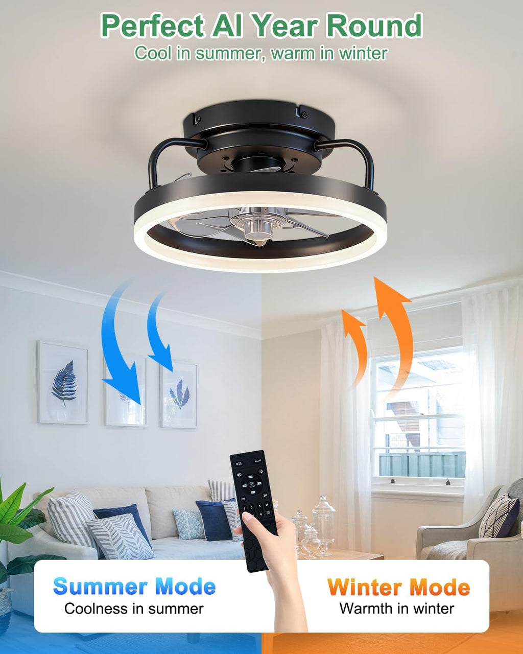 12IN Black Bladeless Ceiling Fan Light