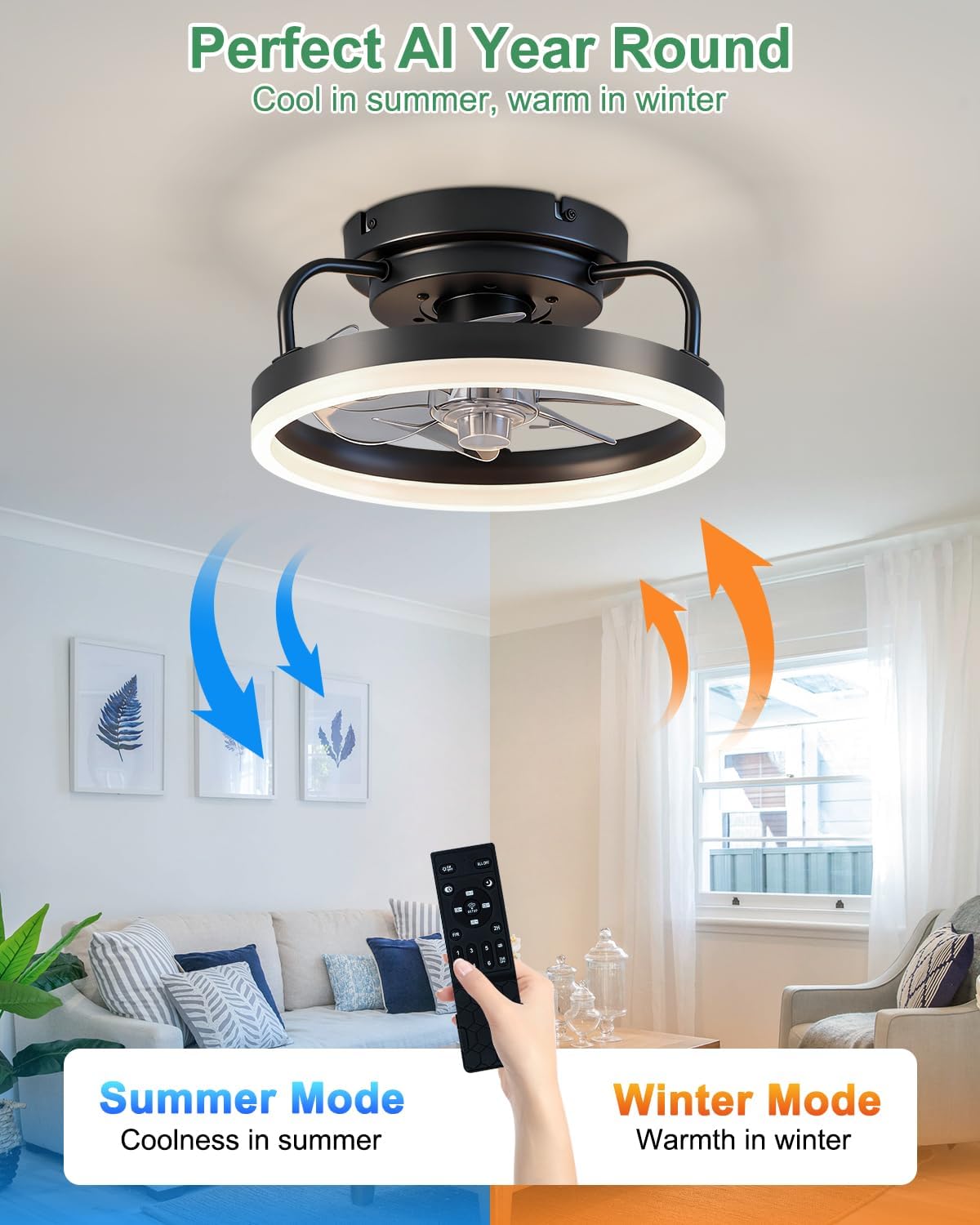12IN Black Bladeless Ceiling Fan Light