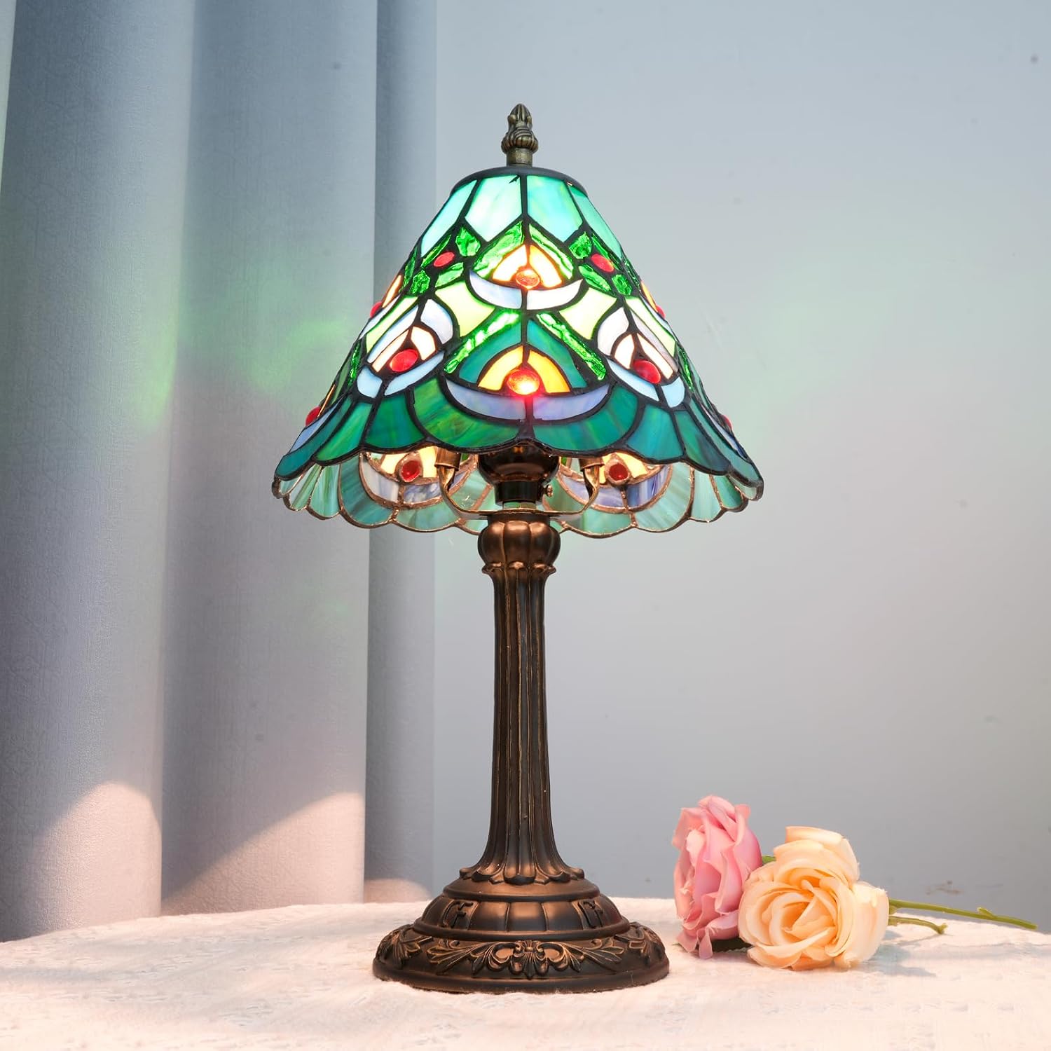 Green Peacock Tiffany Style Table Lamp