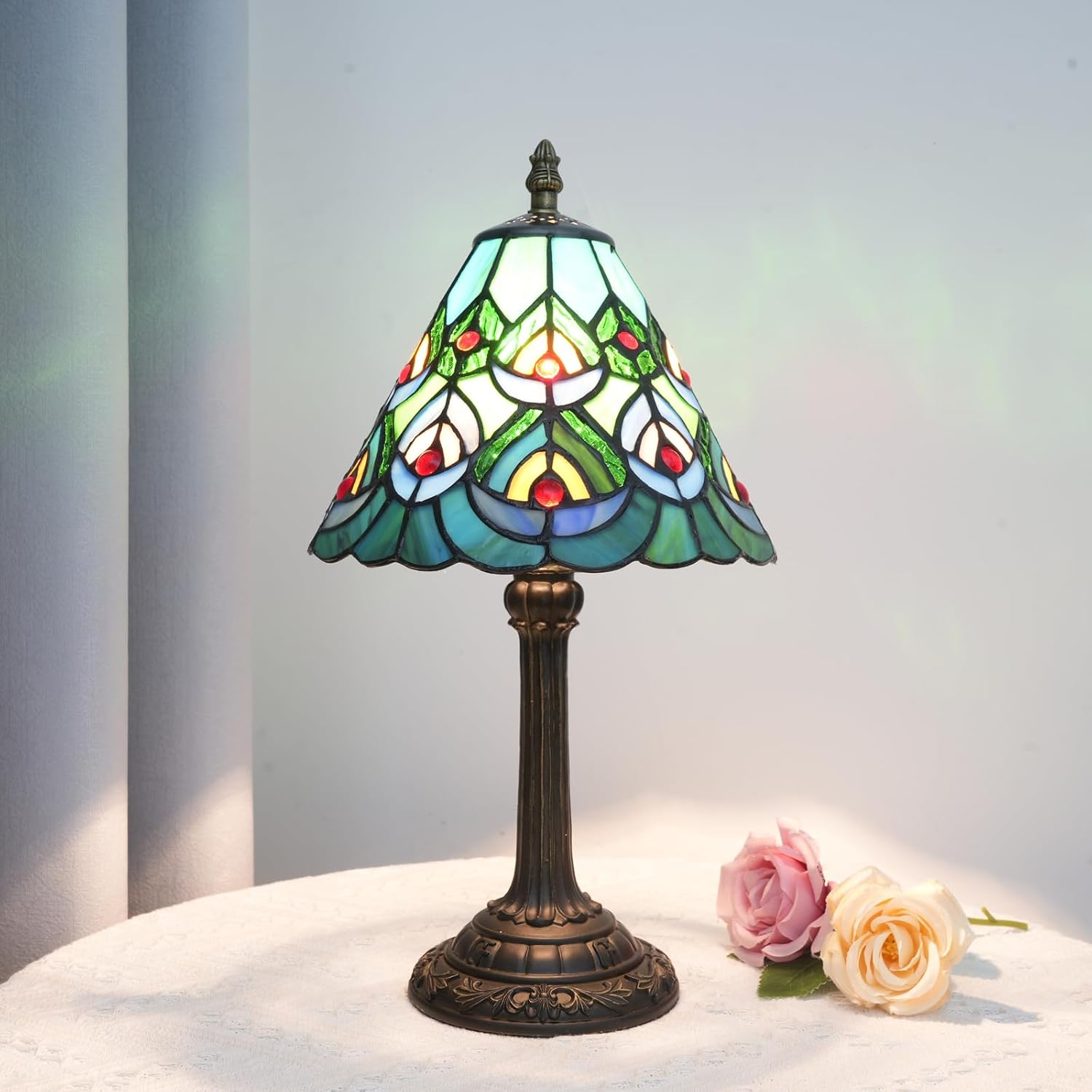 Green Peacock Tiffany Style Table Lamp