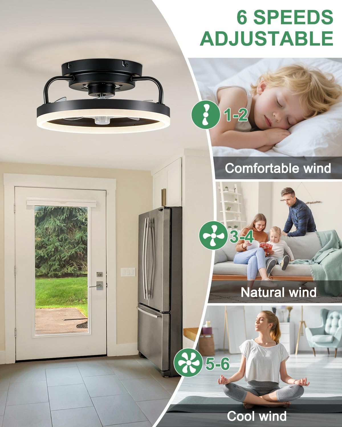 12IN Black Bladeless Ceiling Fan Light