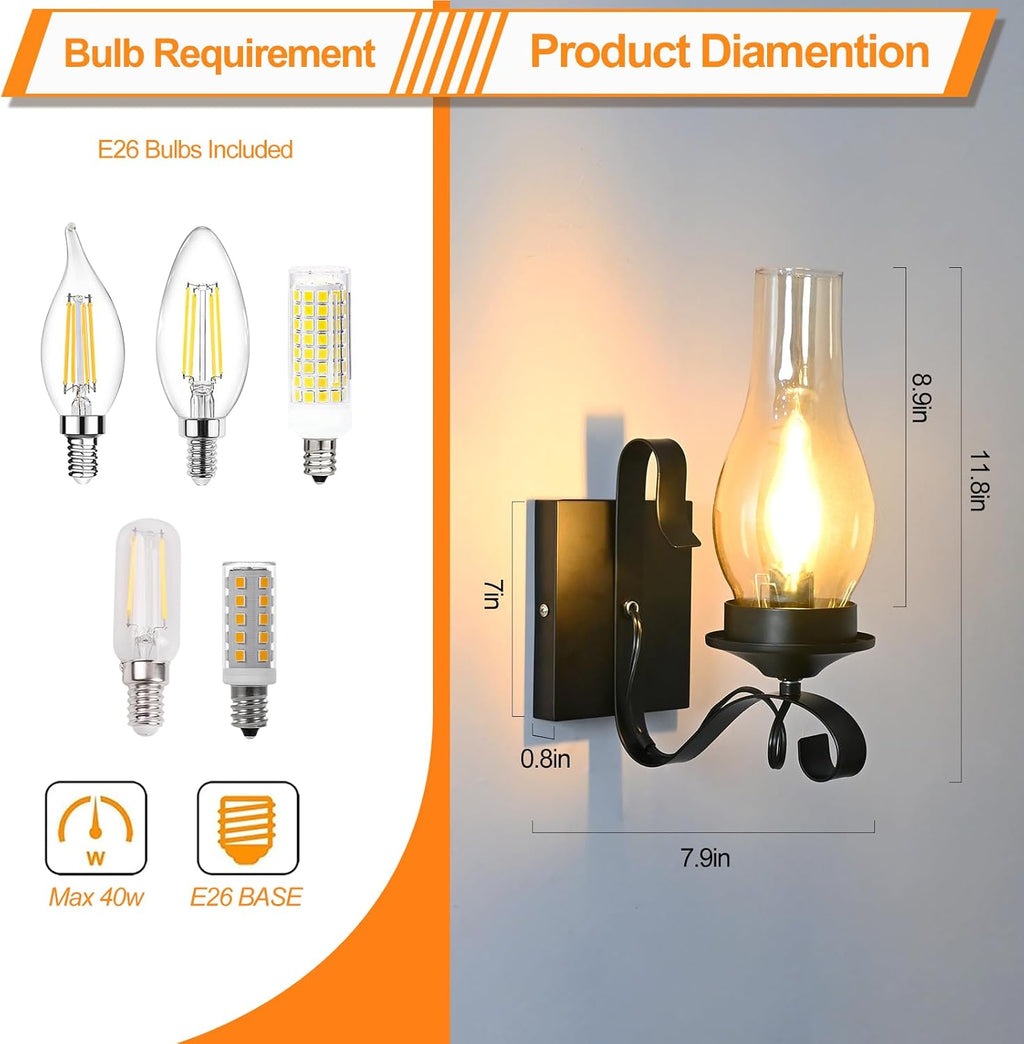 Black Farmhouse Amber Glass Wall Sconces 2 Pack