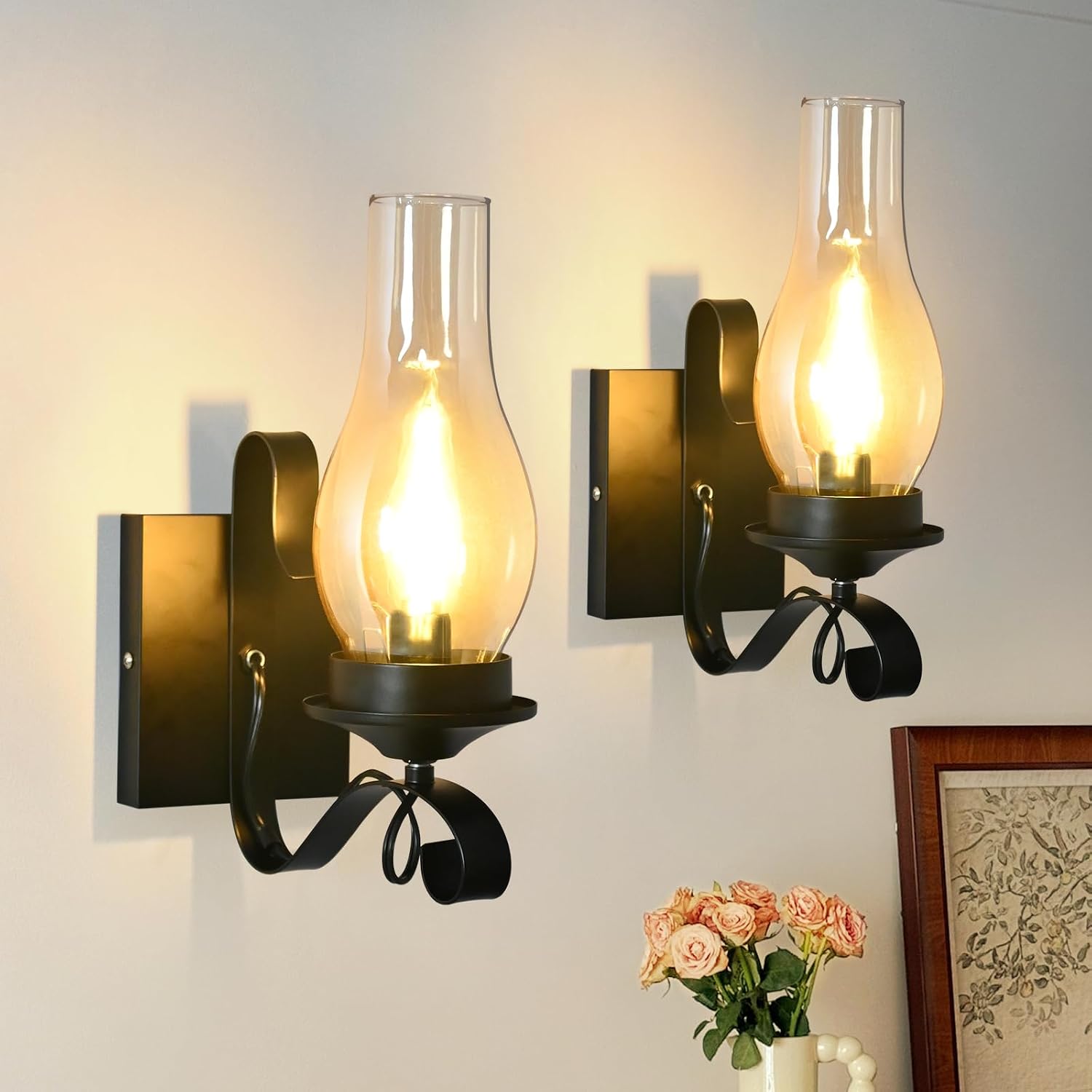 Black Farmhouse Amber Glass Wall Sconces 2 Pack