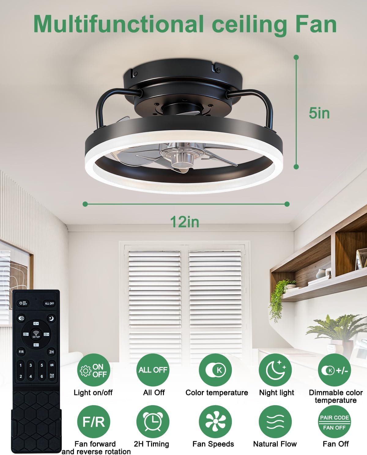 12IN Black Bladeless Ceiling Fan Light