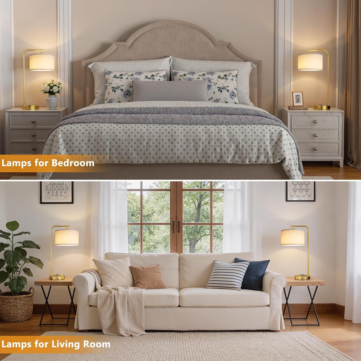 Gold Linen Shade Table Lamps Set