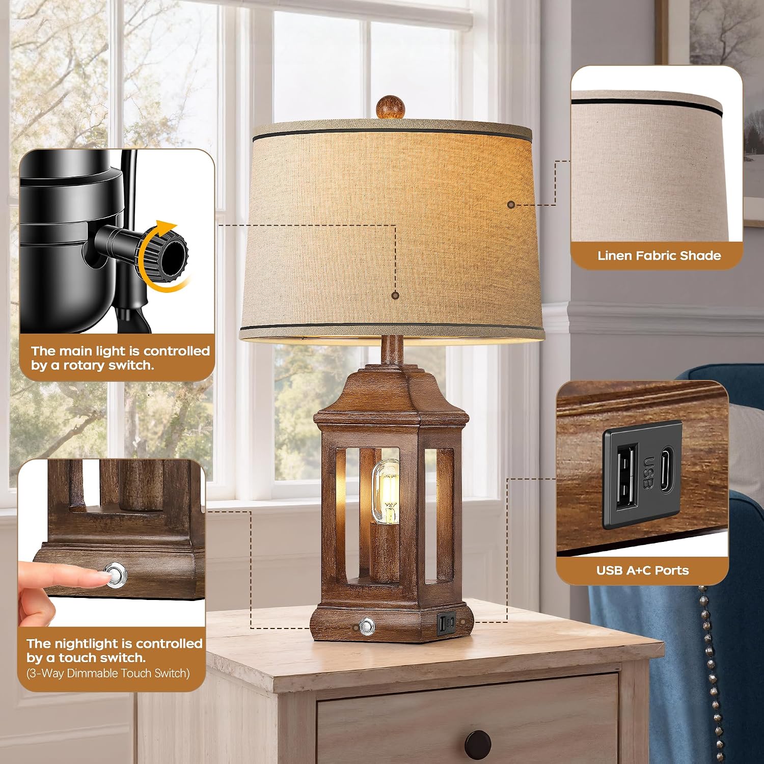 Wood Grain Farmhouse Table Lamps Set