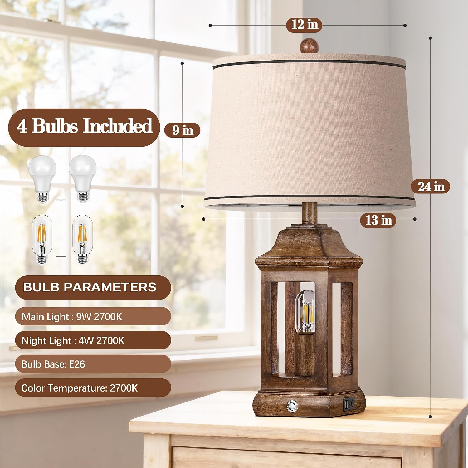 Wood Grain Farmhouse Table Lamps Set