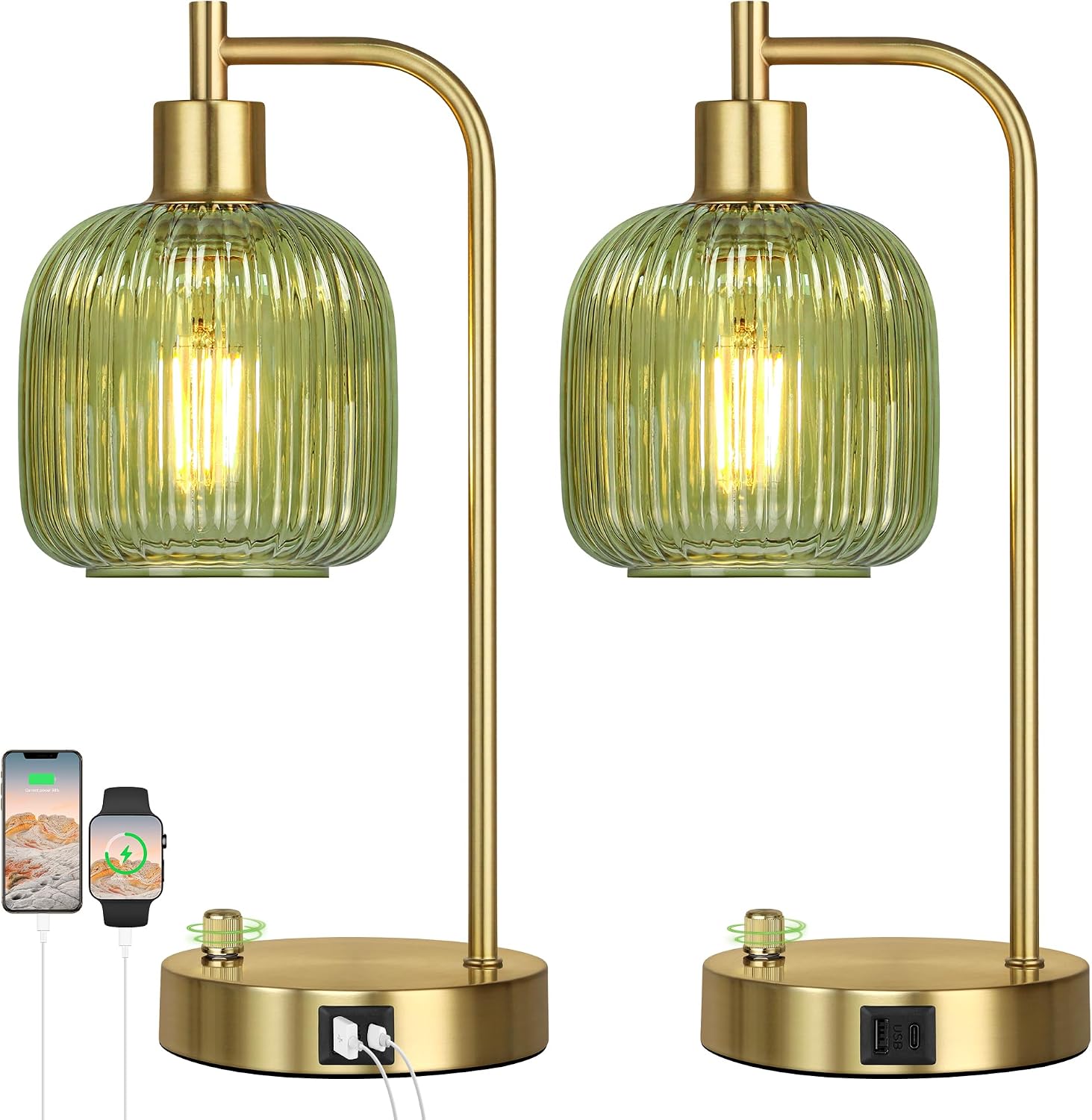 Green Glass Table Lamps Set
