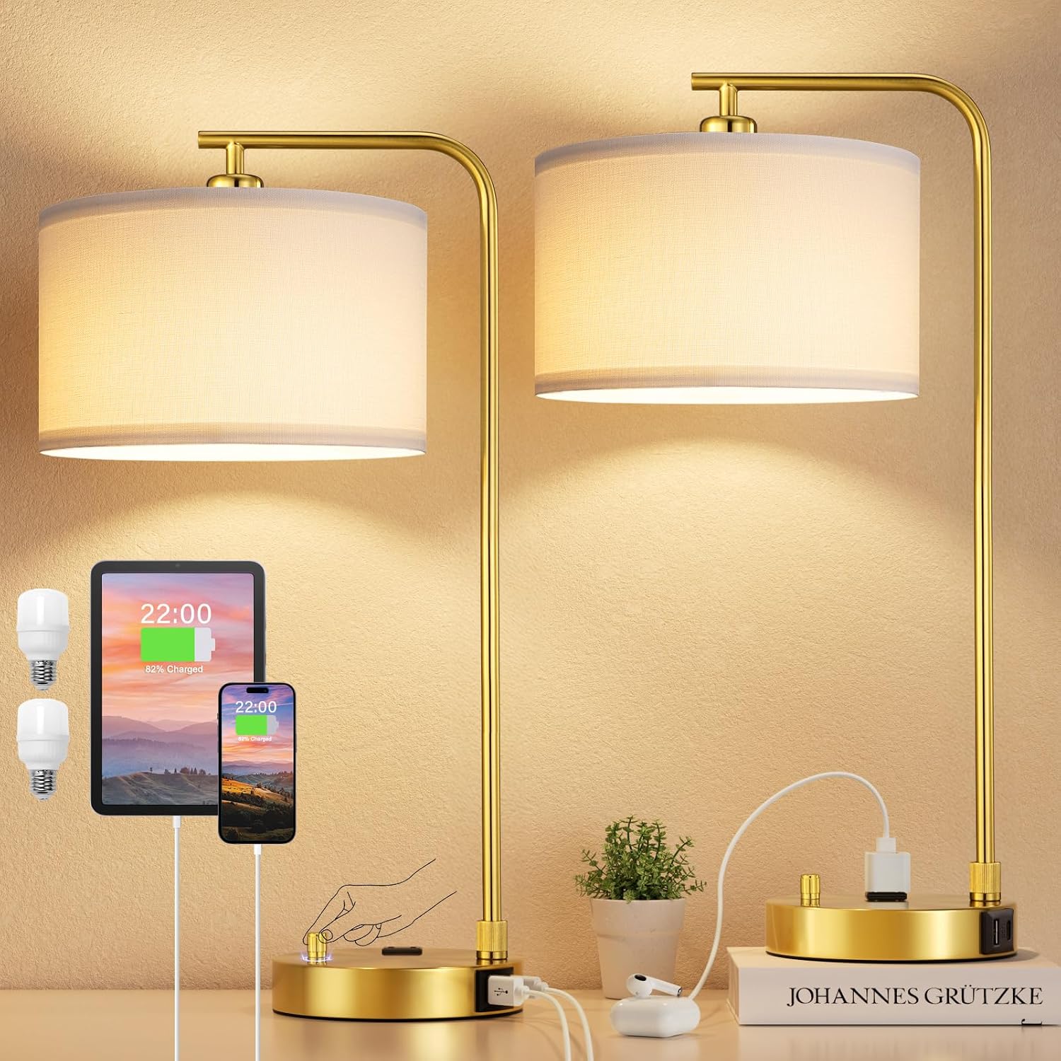 Gold Linen Shade Table Lamps Set
