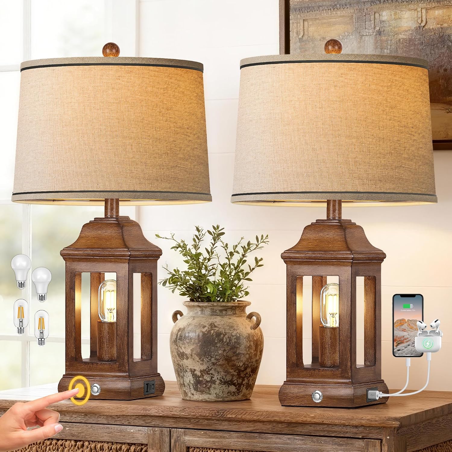 Wood Grain Farmhouse Table Lamps Set